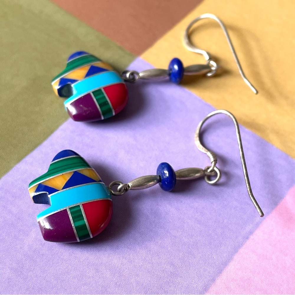 Vtg stamped 925 sterling silver Southwestern inlay fetish bear dangle earrings - Picture 8 of 10